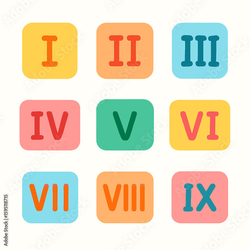 Colorful Roman numerals I through IX displayed on rounded squares against a light background