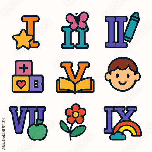 Creative icons representing education, learning, and childhood joys with playful elements