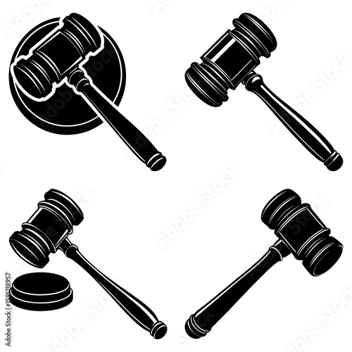 Illustration of four black and white gavel images in different orientations and compositions displayed here