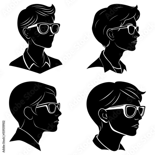 Four silhouette portraits of men wearing glasses in a side profile with varying hairstyles and clothing
