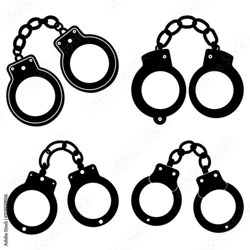 Illustration of four pairs of black handcuffs connected by chains on a white background design layout