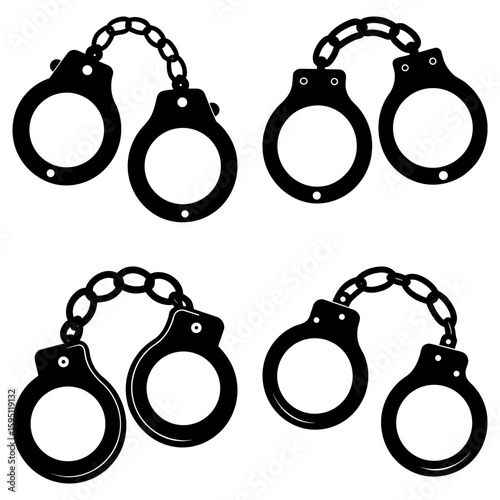 Illustration of four sets of black metal handcuffs connected by chains on a white background design element