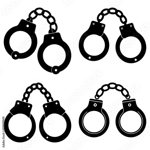 Four sets of black handcuffs connected by chains arranged on a white plain background in a simple vector style