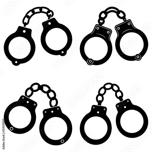 Illustration of four sets of handcuffs with chain links in black and white vector graphic design style