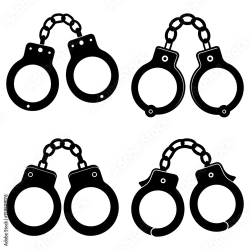 Illustration of four sets of handcuffs connected by chains in black and white minimalist design style art