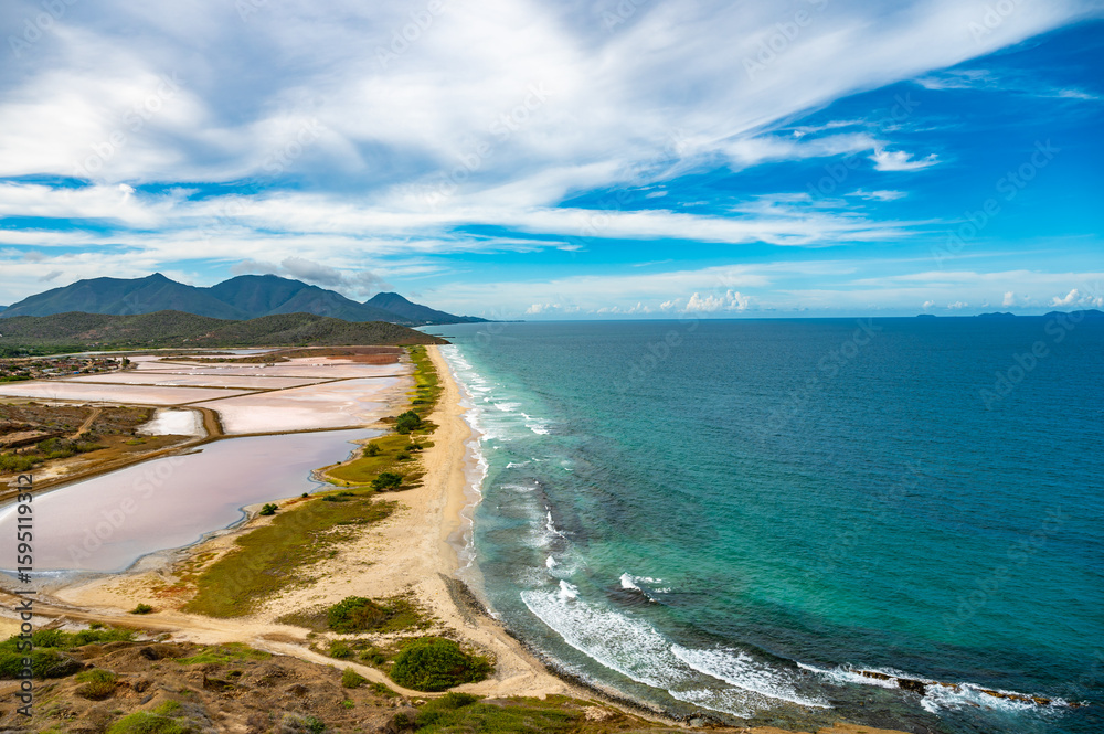 Fototapeta premium Aerial View of Salt Flats and Coastline in Venezuela