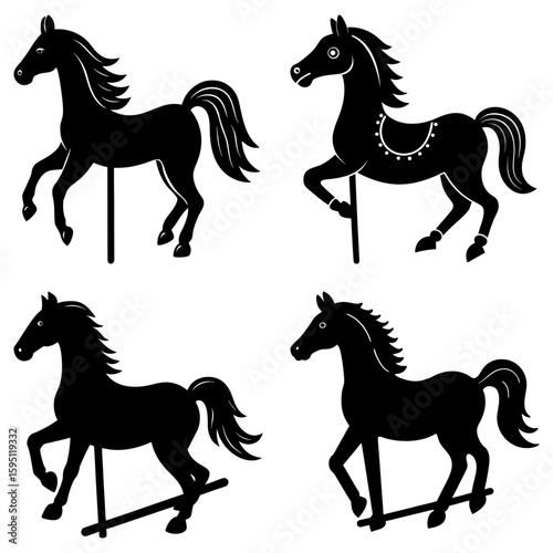 Four black carousel horse silhouettes with poles and one with saddle on a white background image