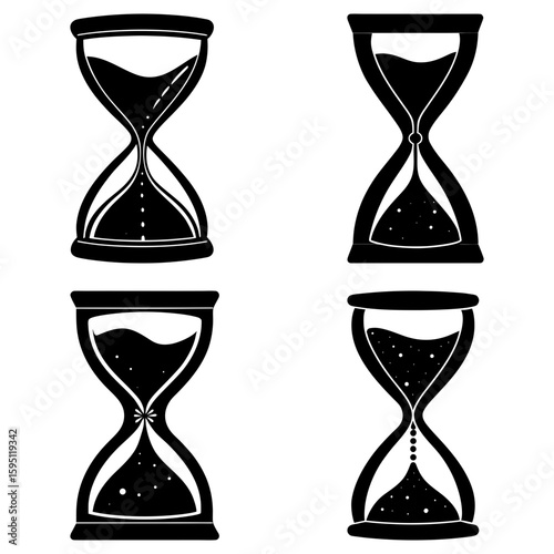 Four black hourglasses in varying stages of sand depletion against a white background showing time passing