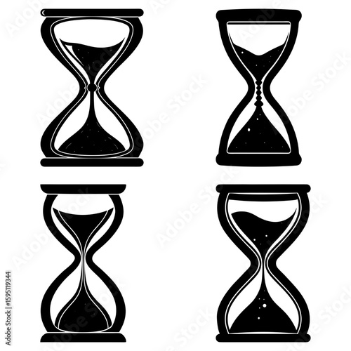 Four black and white hourglasses with varying sand levels on a white background in a square format
