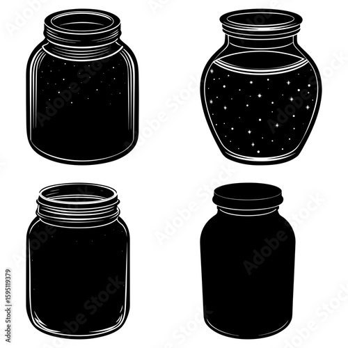 Four stylized black and white jars with varying shapes and contents displayed on a white background