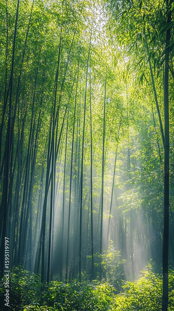 Fototapeta premium Sunlight streams through a serene bamboo forest, creating ethereal light rays and a peaceful atmosphere