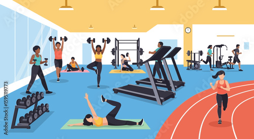 Diverse individuals engage in various fitness activities at a modern gym setting showcasing health
