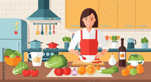 Vector illustration of woman preparing healthy meal in kitchen interior background with fresh