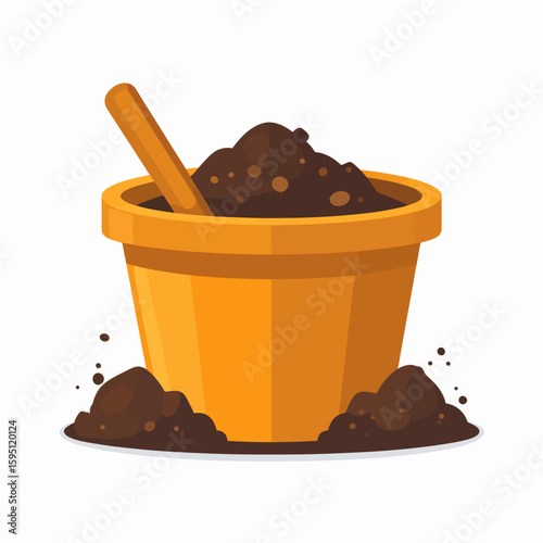 Illustration of a planter with soil and shovel creating a simplistic gardening atmosphere