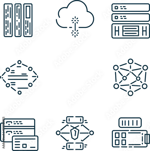Modern Vector Icons Depicting Cloud Computing, Data Storage, and Network Security.