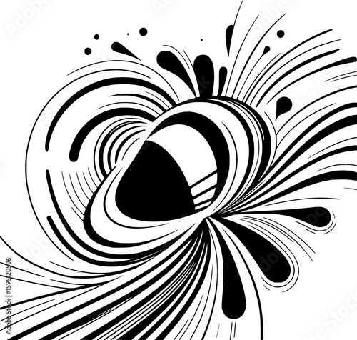Abstract vector illustration of laughter, using dynamic curved lines and bright, expanding shapes radiating outward, playful energy, minimalist style in bold black and white.