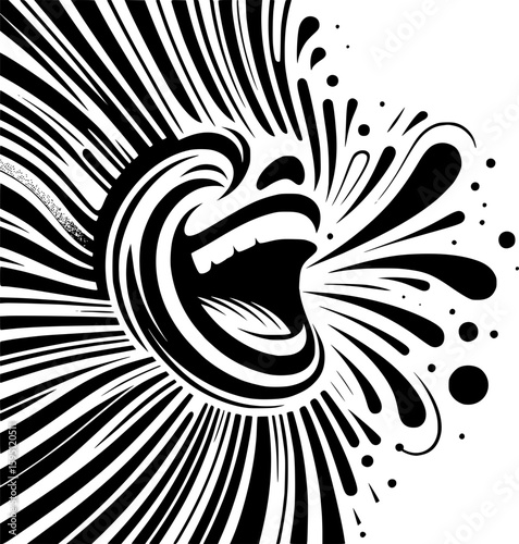 Abstract vector illustration of laughter, using dynamic curved lines and bright, expanding shapes radiating outward, playful energy, minimalist style in bold black and white.