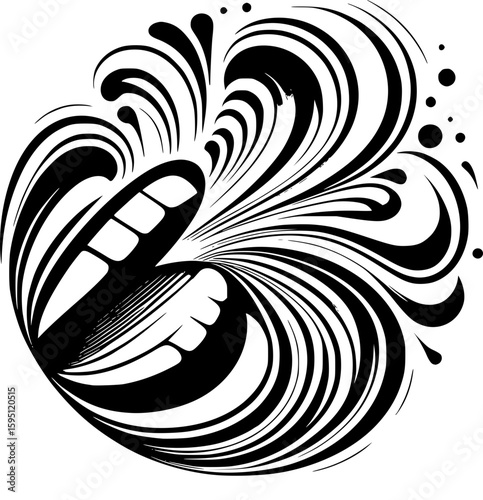 Abstract vector illustration of laughter, using dynamic curved lines and bright, expanding shapes radiating outward, playful energy, minimalist style in bold black and white.
