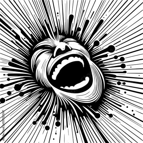 Abstract vector illustration of laughter, using dynamic curved lines and bright, expanding shapes radiating outward, playful energy, minimalist style in bold black and white.