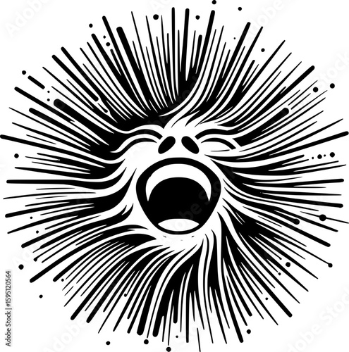 Abstract vector illustration of laughter, using dynamic curved lines and bright, expanding shapes radiating outward, playful energy, minimalist style in bold black and white.