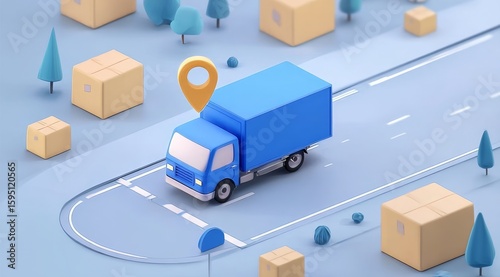 Illustrative Scene of a Delivery Truck on a Road with Packages and Location Pin