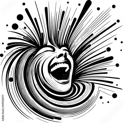 Abstract vector illustration of laughter, using dynamic curved lines and bright, expanding shapes radiating outward, playful energy, minimalist style in bold black and white.