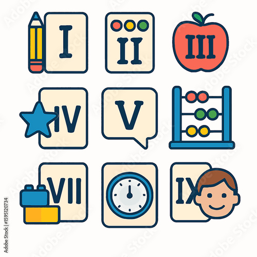 Educational icons featuring Roman numerals, school supplies, and learning tools for children