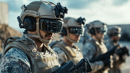 Four soldiers in tactical gear and helmets with night vision goggles stand in a line, prepared for a military operation under a cloudy sky.