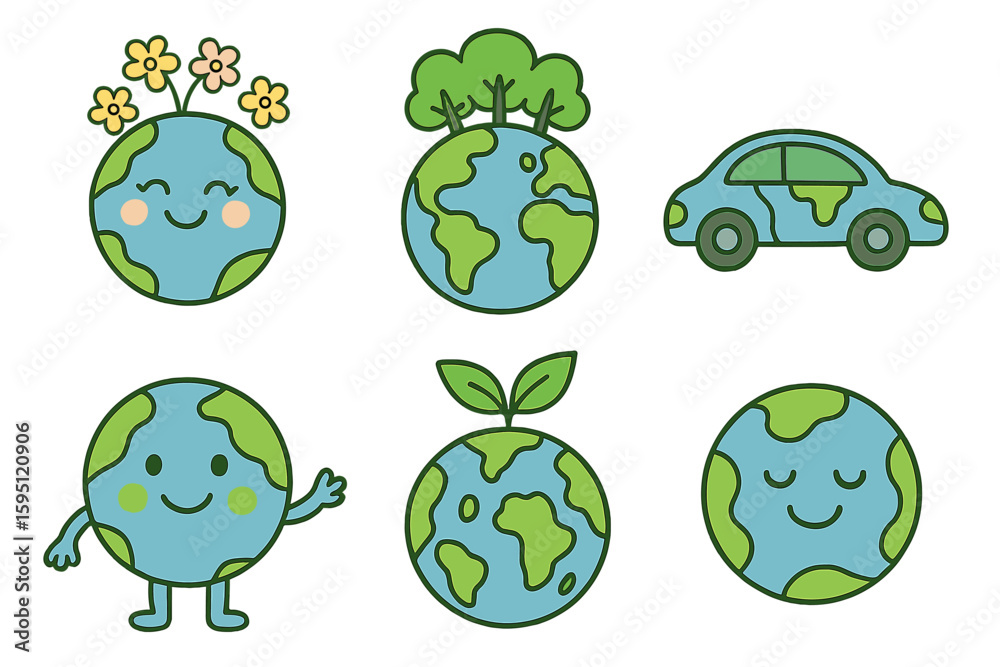 Obraz premium Earth day collection for kids featuring cute kawaii smiling planets, environment friendly icons with globe and forest, pollution or flowers on top, in a vector earth set representing an ecological
