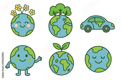 Earth day collection for kids featuring cute kawaii smiling planets, environment friendly icons with globe and forest, pollution or flowers on top, in a vector earth set representing an ecological