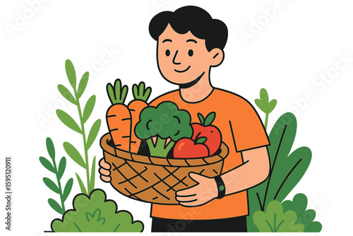 Flat vector illustration of a tote bag, green grocery products, organic food, and healthy vegetables, representing local market shopping, zero waste, and an eco-vegetarian lifestyle concept, isolated