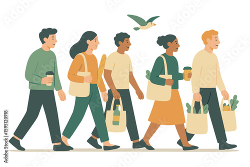 Vector illustration of zero waste and pollution-free technology, featuring tiny people and floral elements, designed as a hero image for a website
