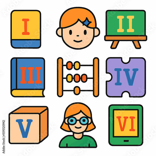 Children's education icons featuring books, abacus, tablet, and students learning numbers I to VI.