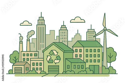 Flat vector illustration of a waste recycling plant with pipes, storage, and building, representing the concept of zero waste through recycling paper waste into new products
