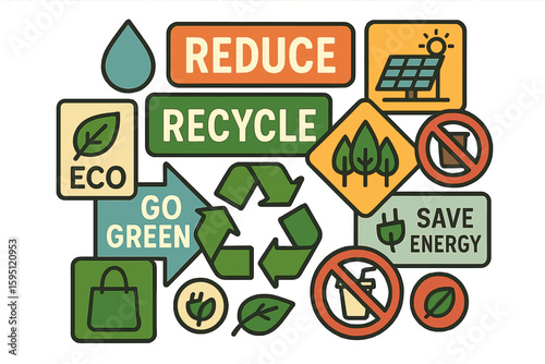 A set of hand-drawn vector letterings promoting eco-friendly living, featuring sustainable and green lifestyle themes, including fresh produce and save the planet typography, as well as zero waste