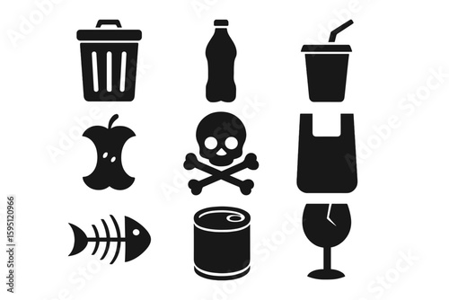 Waste Icon Sheet: A thorough compilation of waste-related icons, depicting different kinds of trash, recycling symbols, and waste management ideas in a straightforward and easily understandable way