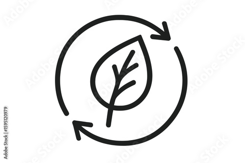 A minimalist black and white outline icon featuring a leaf and circular arrows, symbolizing environmental conservation, sustainability, and recycling