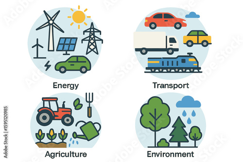 A set of modern web icons featuring ecological friendly and low zero emission trendy flat designs, including green power plants and energy producing stations to save the Earth