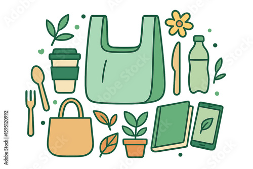 Vector illustration of zero waste concept featuring a set of eco-friendly objects including a shopping bag, water bottle, jar, lunch box, cup, cutlery, and a leaf, along with a lettering phrase