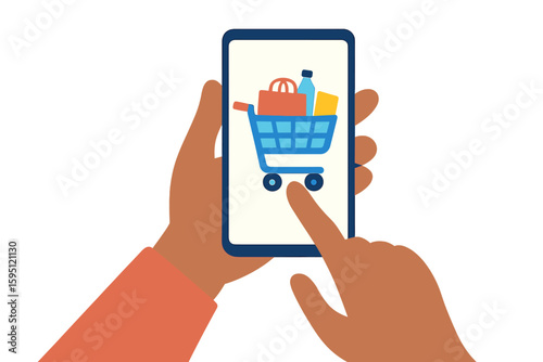 Illustration of an e-business retail concept featuring a tiny neubrutalism-themed online thrift store with a transparent background, selling new, used, or vintage clothing and shoes