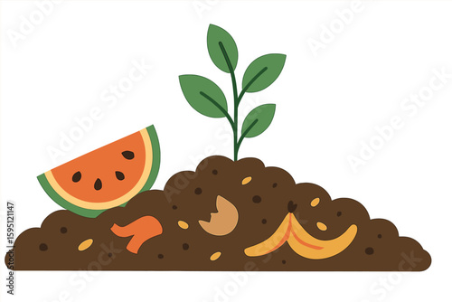 Vector illustration of a soil background with food waste and a central inscription of composting, serving as a template landing page for farming, agriculture, and gardening, and also as a banner
