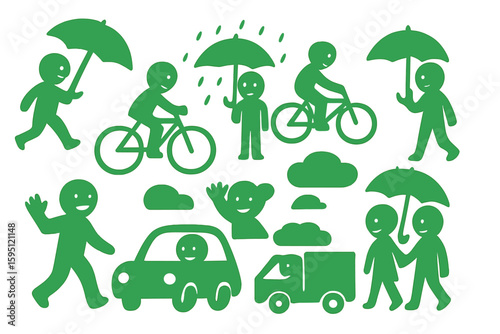 Doodle style illustration set featuring people engaged in eco-friendly activities, such as waste sorting and using green energy, promoting the concept of saving the planet through environmentally