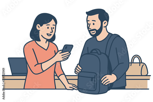 Customer with reusable bag declining disposable plastic pack offered at grocery store, illustrating conscious consumption and shopping, depicted in colored flat vector illustration isolated on white