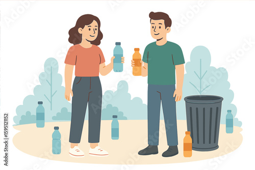 Vector template featuring eco-friendly characters, including people sorting waste, utilizing eco bags, and reusable cups, promoting a save the planet message in a flat design on a white isolated