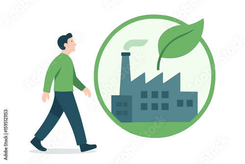 Concept outline of a sustainable production factory and renewable material usage, featuring green energy power and zero emissions electricity consumption with environmental resources technology in a