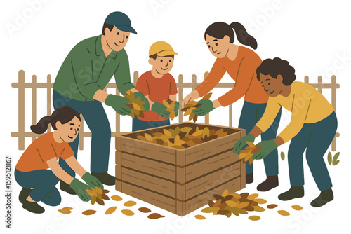 A large happy family is making compost from fallen autumn leaves outdoors in the garden, illustrating a recycling concept during autumn clean up through composting
