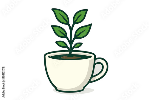 Eco-friendly glass cup with a green leaf symbol label representing an environmentally friendly beverage option