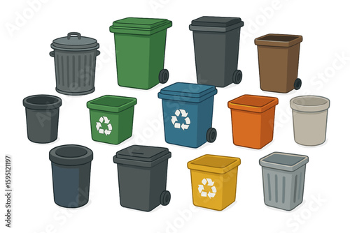 Isometric 3D vector illustration of people collecting and sorting garbage into a recycling bin, separating bio, paper, plastic, metal, electronic waste, and glass trash for zero waste and recycling