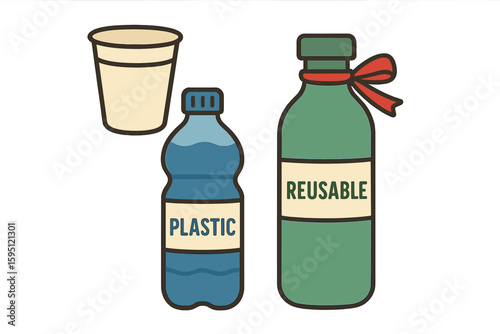 Illustration of switching from disposable plastic bottles to a refillable water bottle, promoting a zero waste lifestyle in a doodle style