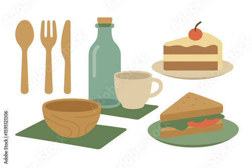 A set of zero waste kitchen objects is depicted in a hand drawn outline vector sketch illustration